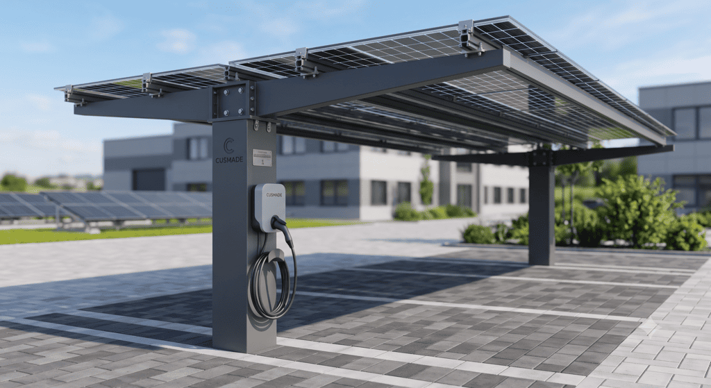 Structure en aluminium et acier pour carports photovoltaïques par Cusmade K-500®