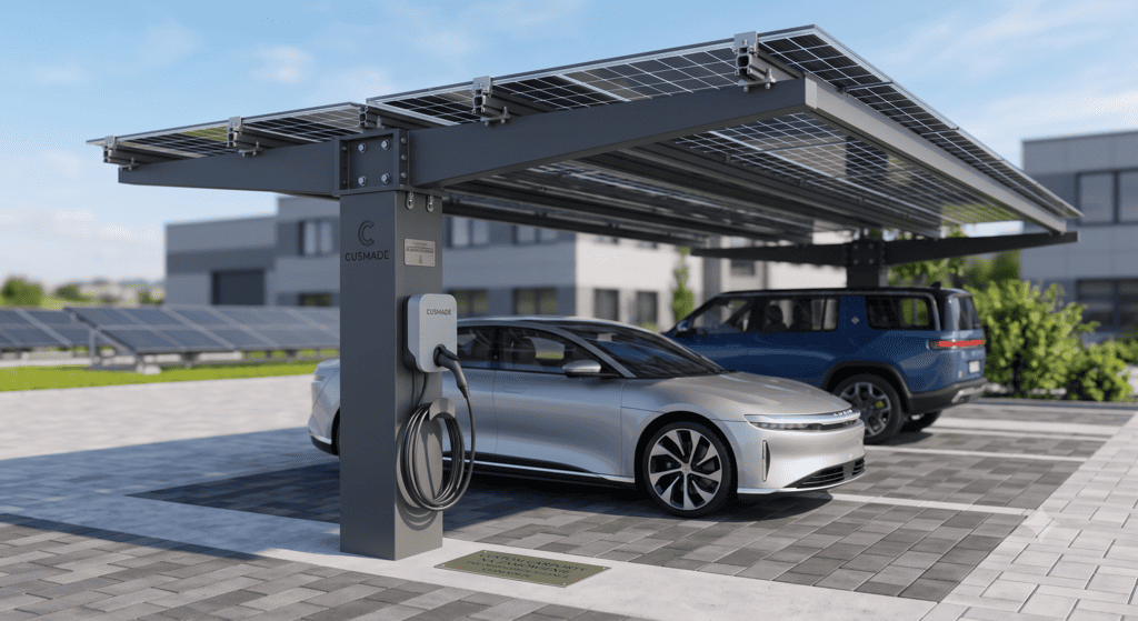 Structures de carports solaires conçues et fabriquées sur-mesure pour répondre parfaitement aux exigences spécifiques de chaque chantier.